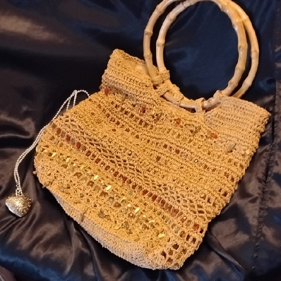 Cappelli Straworld Handbags - Cappelli Straworld Gold Crochet Tote with Bamboo Handles